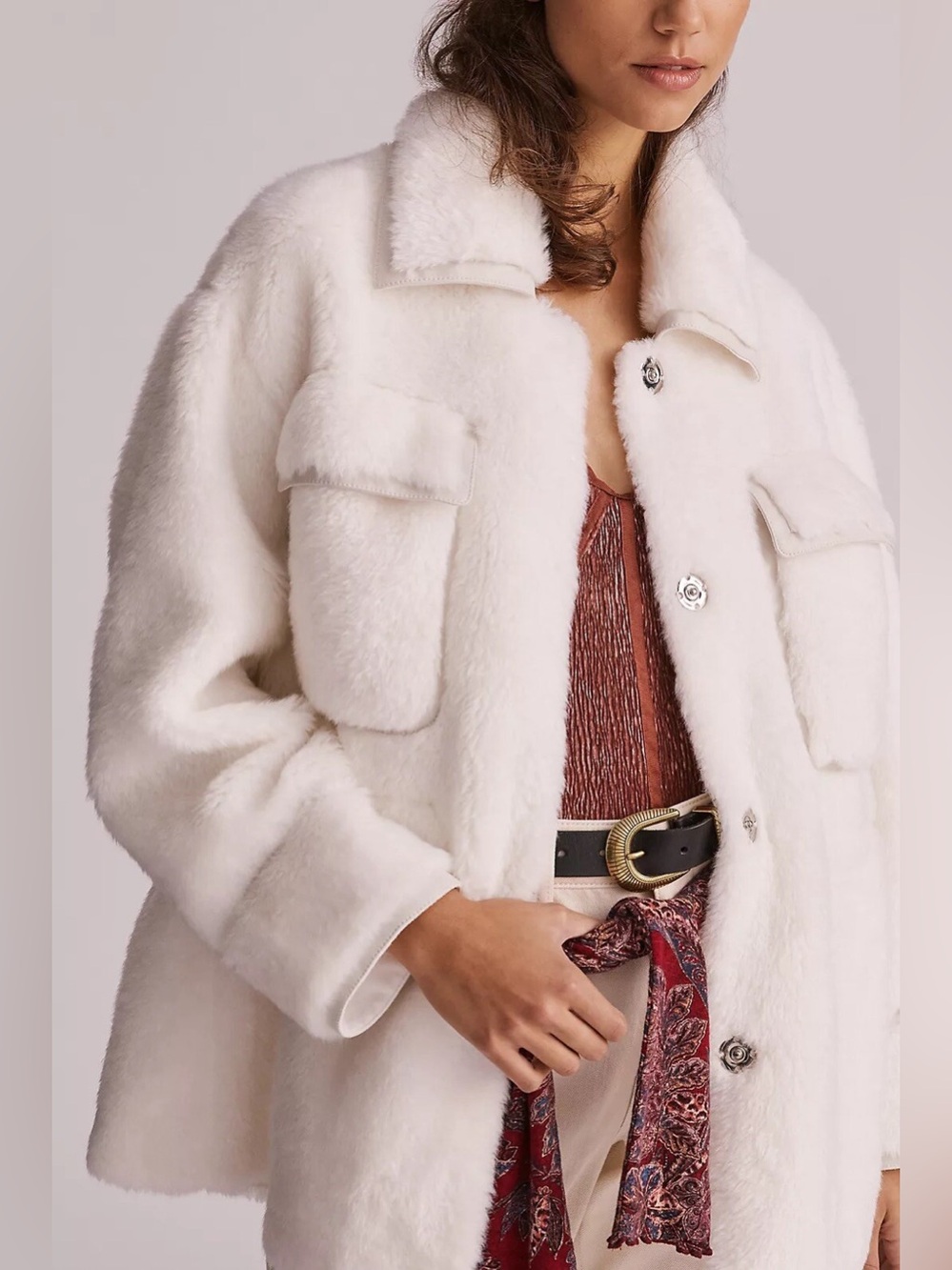 NWOT - Maeve by Anthropologie Cinched Faux Fur Coat in Ivory - Size M